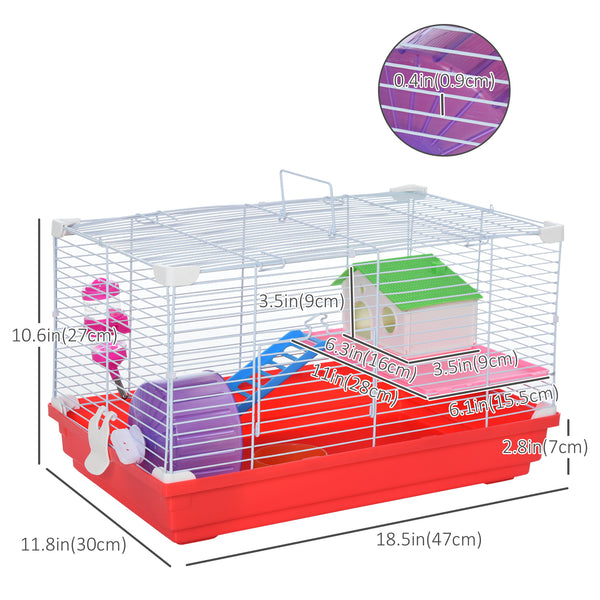 PawHut Hamster Cage: 18.5'' with Accessories, Rat House, 2-Story Design, Red, Small Pet Home |