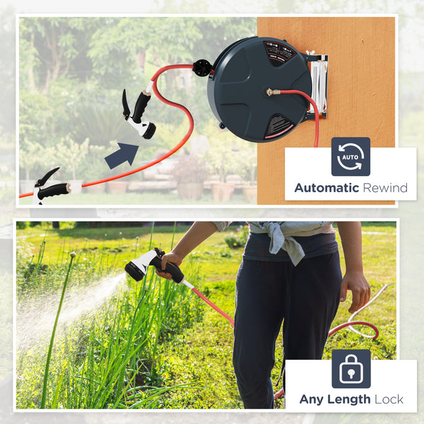 15m Wall Mounted Automatic Garden Hose Reel with 8 Jet Nozzle