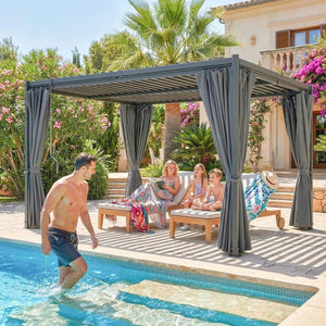 10 x 13 louvered pergola, steel roof and curtains, drainage gutters, grey