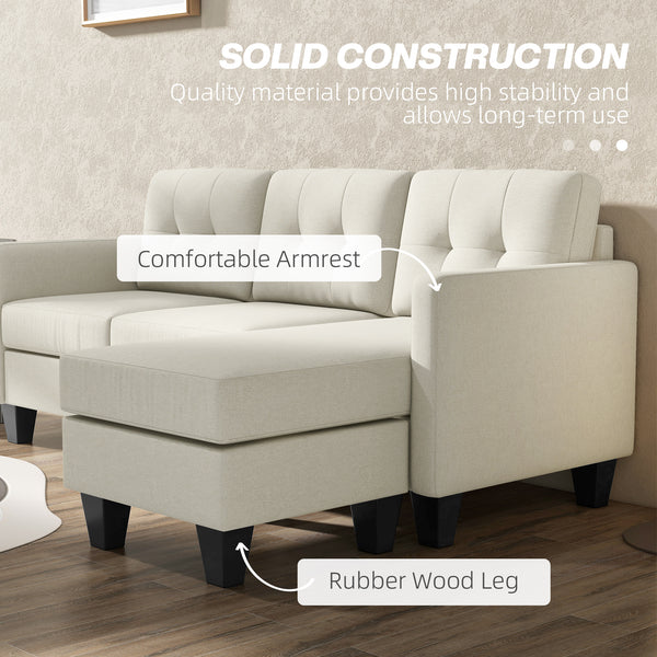 3-seater L-shaped corner sofa with ottoman, thick cushion and wooden legs, beige