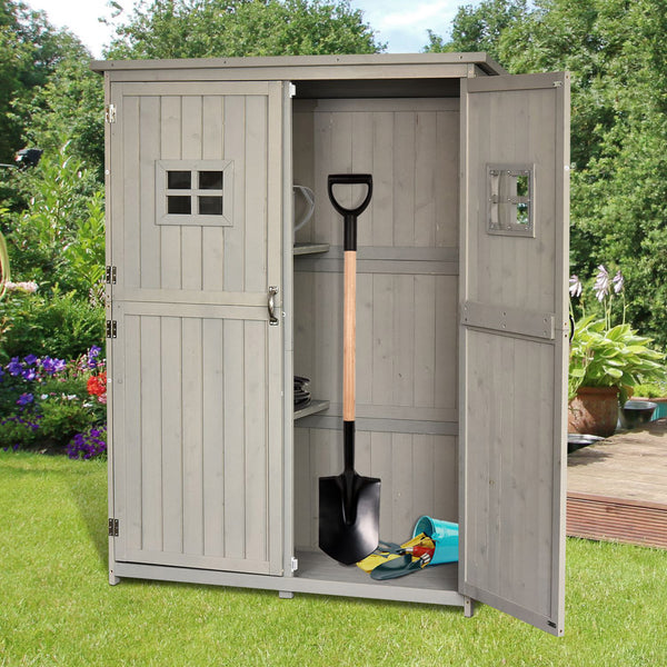 Wooden storage unit with windows and double doors, grey