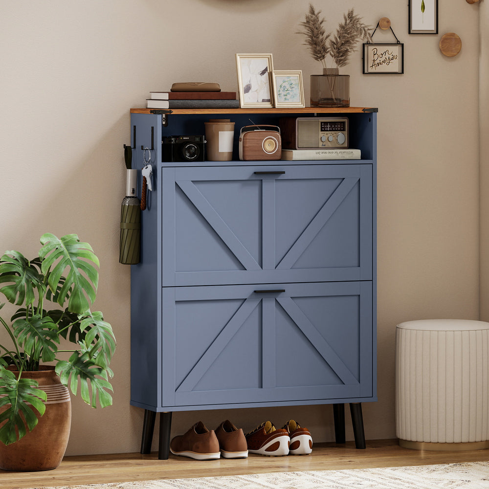 Shoe cabinet with 2 tilt-out drawers, country style, narrow, holds up to 16 pairs, blue