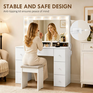 Vanity Table with 10 Dimmable LED Lights and Charging Station, White