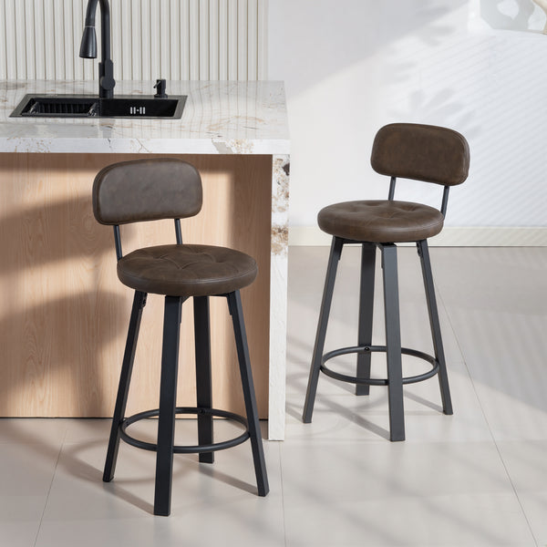 Set of 2 Upholstered Bar Stools with Footrests and Backrests for Kitchen Counter, Brown