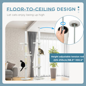 Ceiling-High Cat Tree with Scratching Posts, Cloud-Shaped Platforms, Hanging Balls, White