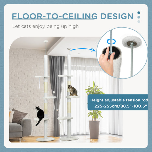 Ceiling-High Cat Tree with Scratching Posts, Cloud-Shaped Platforms, Hanging Balls, White