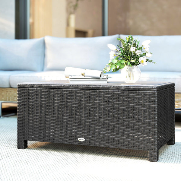 Outdoor coffee table in PE woven resin with glass top, dark grey