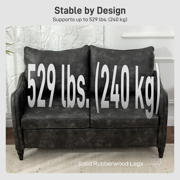 2 seater sofa with solid wood legs upholstered in faux leather, gray