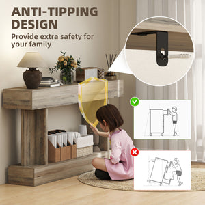 Narrow, vintage-style console table with storage shelf, light brown