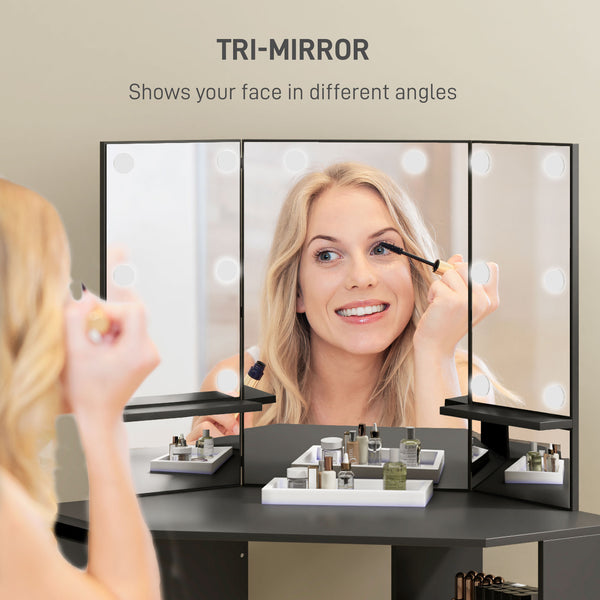 Dressing table with 3-panel mirror and 10 LED lights, black