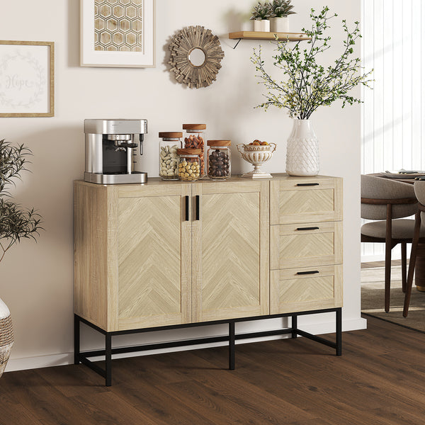 Coffee bar sideboard with drawers and adjustable shelf, oak