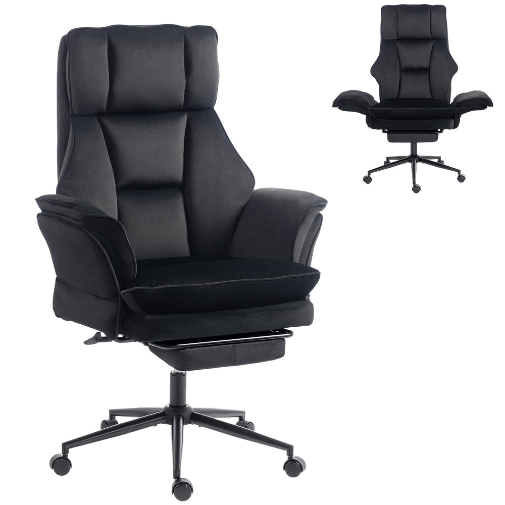 Reclining velvet office chair with footrest and flip-up armrests, black