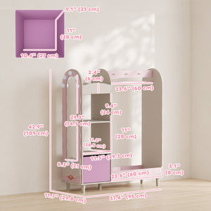 Children's wardrobe with illuminated mirror, hanging rail and storage, white/pink