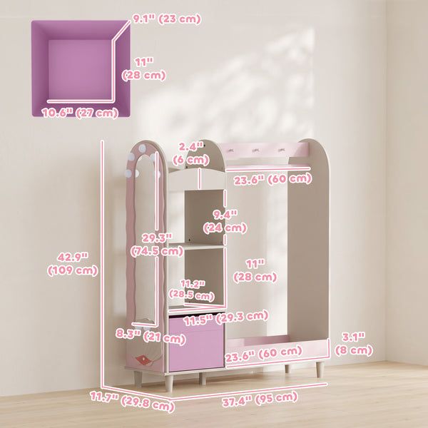 Children's wardrobe with illuminated mirror, hanging rail and storage, white/pink