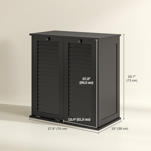 Tilting laundry basket cabinet with 2 baskets and 2 louvered doors, black