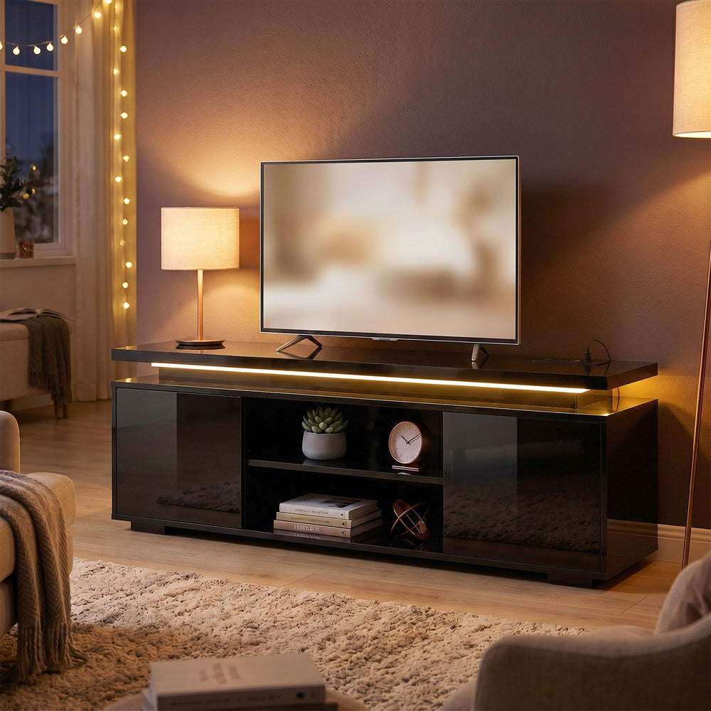 TV stand for TVs up to 60 inches with LED lighting and power outlets, high-gloss black