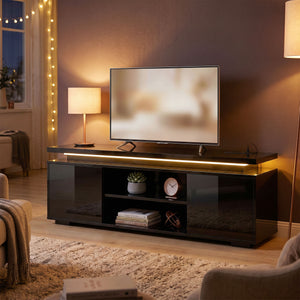 Meuble pour téléviseurs jusqu'à 60 pouces avec éclairage LED et prises électriques, noir brillant