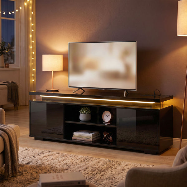 Meuble pour téléviseurs jusqu'à 60 pouces avec éclairage LED et prises électriques, noir brillant