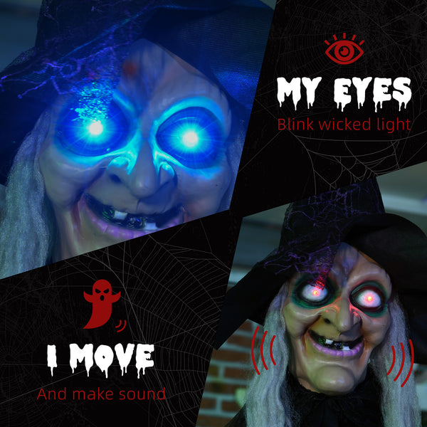 6ft Outdoor Halloween Decoration, Life Size Black Witch, Halloween Prop with Light Up Eyes