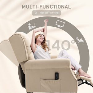 Reclining massage armchair with extendable footrest, wooden legs, remote control, side pockets, beige