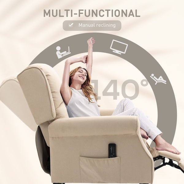 Reclining massage armchair with extendable footrest, wooden legs, remote control, side pockets, beige