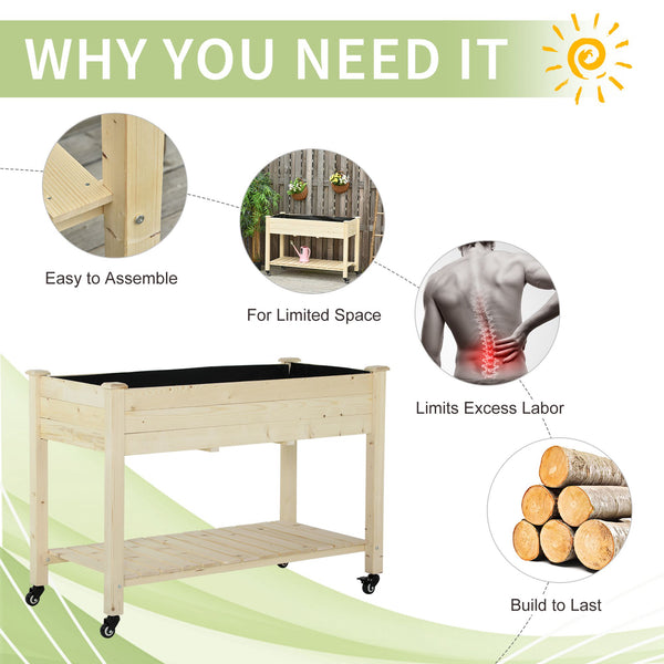 Raised wooden planter with lockable casters and storage shelf
