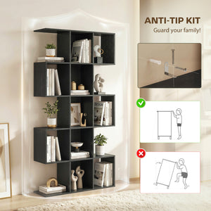 5-tier S-shaped geometric bookshelf with 15 compartments, black wood look.