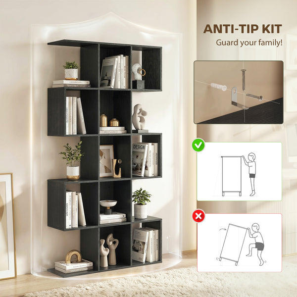 5-tier S-shaped geometric bookshelf with 15 compartments, black wood look.