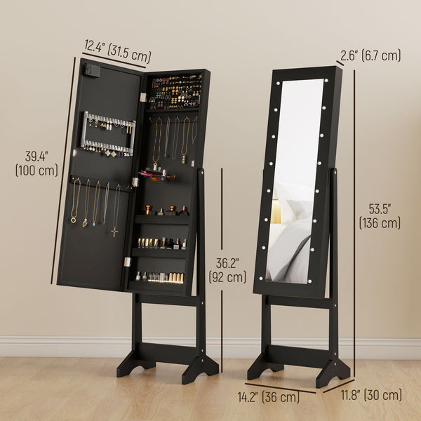 HOMCOM Freestanding Armoire Jewelry Cabinet Lighted Mirror Angle Adjustable 16 LED Lights Black |