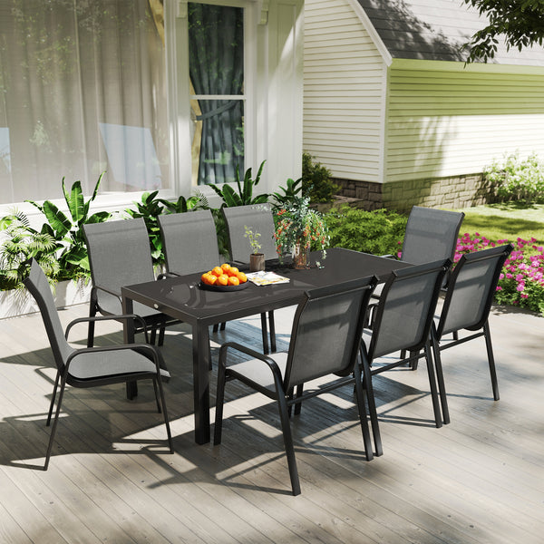 9-Piece Dining Set with Stacking Chairs and Glass Top, Grey