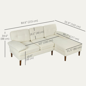 Modern corner sofa with right chaise longue, wooden legs, cream white