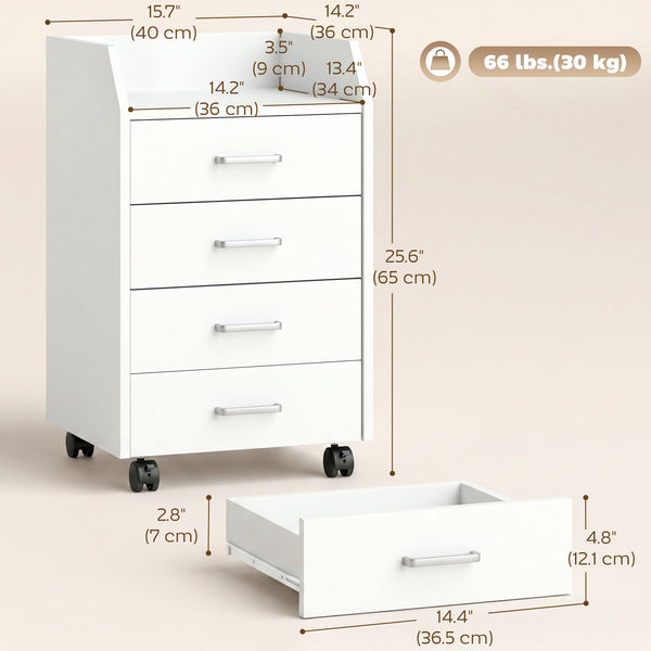 4-drawer mobile file cabinet with casters and brakes – White