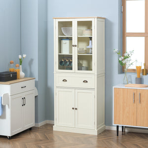 Storage unit with glass doors, drawer and adjustable shelves, cream white