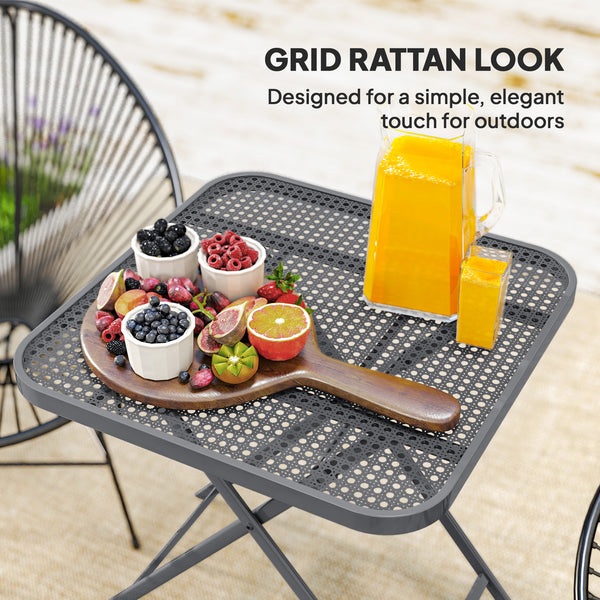 Folding square patio table with a gridded rattan top