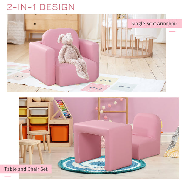 Children's sofa, table and chair, multifunctional 2 in 1, pink