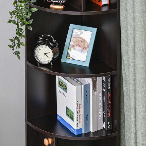 5-Tier Corner Bookcase with Open Compartments and Cabinet, Black