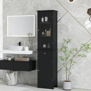 Tall bathroom cabinet with drawers, 2 doors and adjustable shelves, black