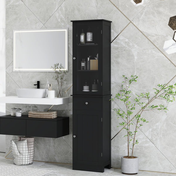 Tall bathroom cabinet with drawers, 2 doors and adjustable shelves, black
