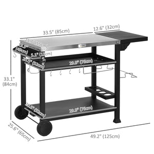 3-Shelf Outdoor Grill Cart Table with Foldable Side Table and Stainless Steel Table Top, Pizza Oven Stand on Wheels