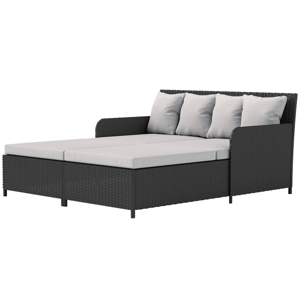 Outdoor rattan sun lounger with soft cushions, 4 pillows, curved backrest and armrests, light grey