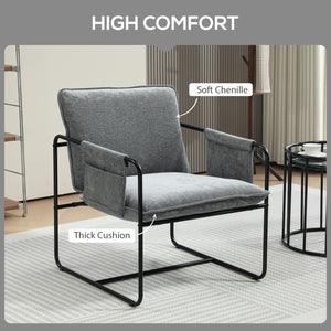 Armchair with side pockets and steel frame, gray