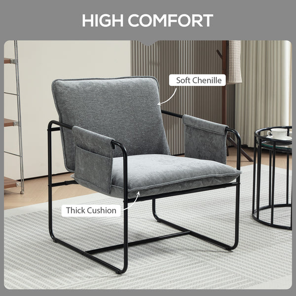 Armchair with side pockets and steel frame, gray