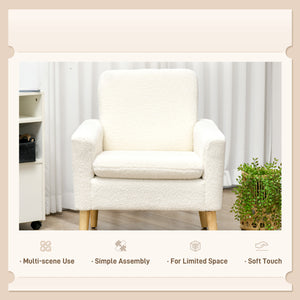 Modern upholstered armchair with wooden legs and wide padded seat, cream white