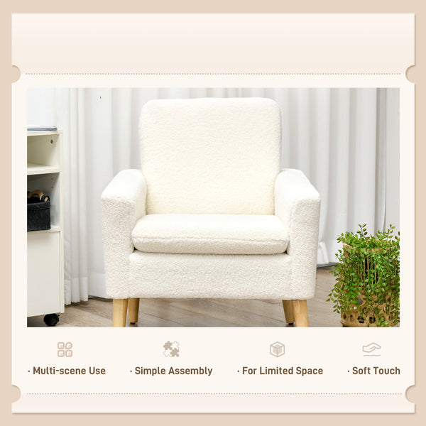 Modern upholstered armchair with wooden legs and wide padded seat, cream white