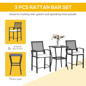 3 Piece Outdoor Wicker Bar Set, Rattan Style Bar Table and High Chairs with Cushions, Cream White