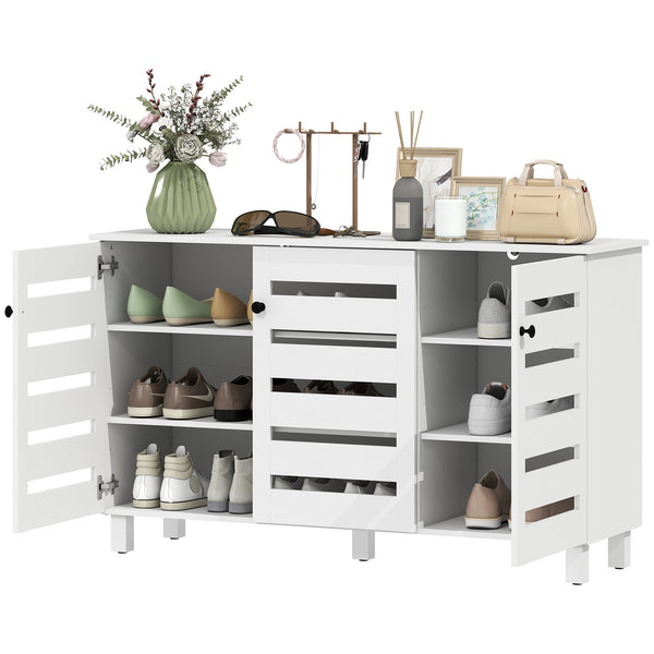 Shoe cabinet with 2 cupboards and adjustable shelves for 15 pairs, white