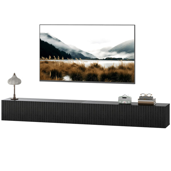 Floating wall-mounted TV unit for TVs up to 72 inches with 2 fluted drop-down doors, black