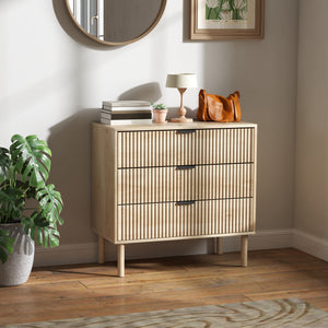 3-drawer bedroom chest of drawers with fluted panels and solid wood legs, oak