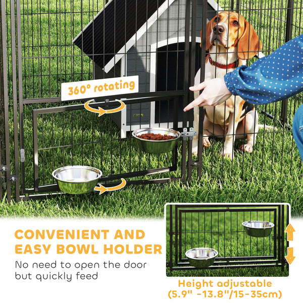 Large outdoor kennel with 2 compartments, swivel and height-adjustable food bowls