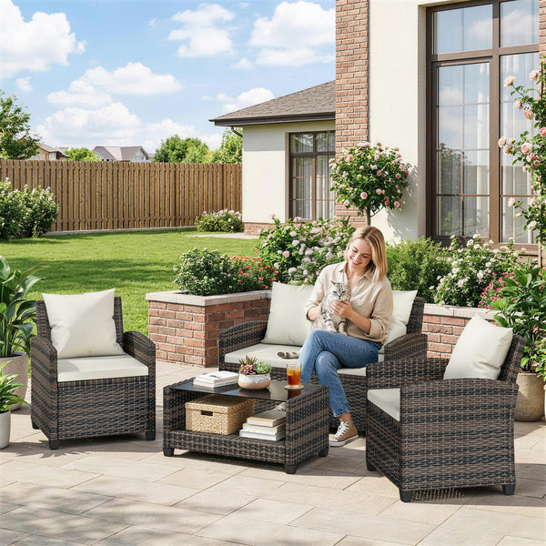 4-Piece Wicker Rattan Conversation Set with Two-Seater Sofa, Chairs and Two-Tier Table with Cushions, Beige.